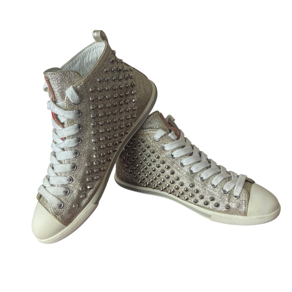 PRADA Glitter Leather Spiked High Top Sneakers Size 5.5/36 - Picture 3 of 10
